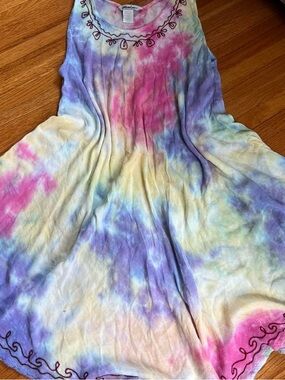 Y2K Tie-Dye embroidered boho Midi Dress in Pastel Rainbow